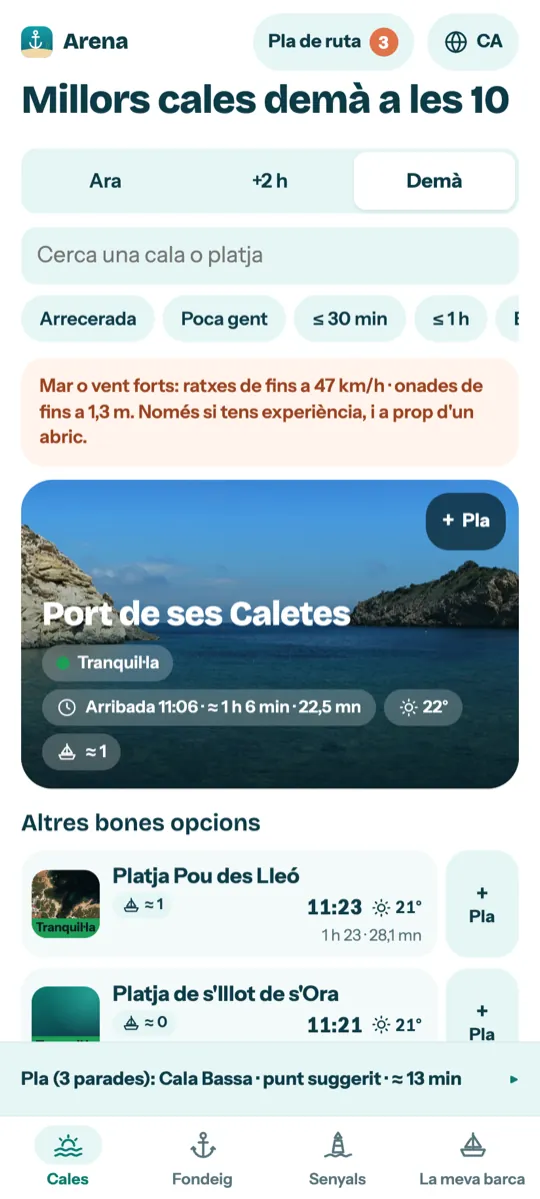 Captura d'Arena: les millors cales per demà a les 10, amb l'avís de vent i mar i l'hora d'arribada a cadascuna