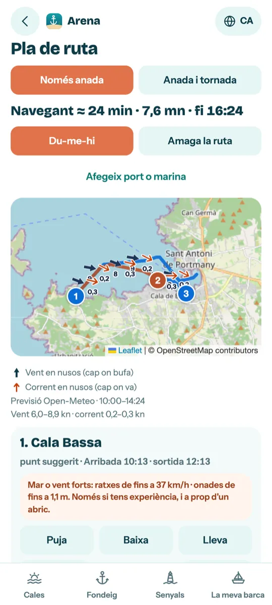Captura d'Arena: pla de ruta amb tres aturades prop de Sant Antoni, amb fletxes de vent i corrent sobre la ruta
