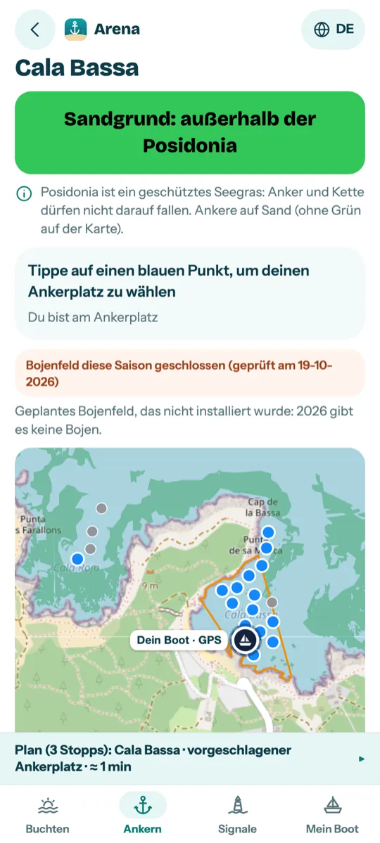 Screenshot von Arena: Ankern in Cala Bassa mit dem Hinweis auf Sandgrund außerhalb der Posidonia