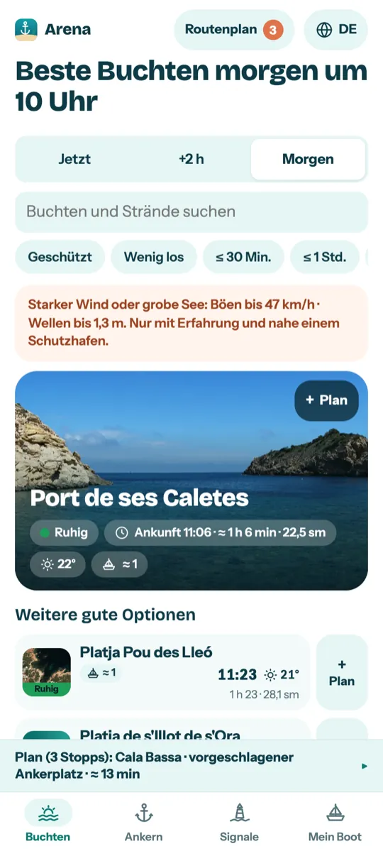 Screenshot von Arena: die besten Buchten für morgen um 10 Uhr, mit der Wind- und Seewarnung und der Ankunftszeit in jeder