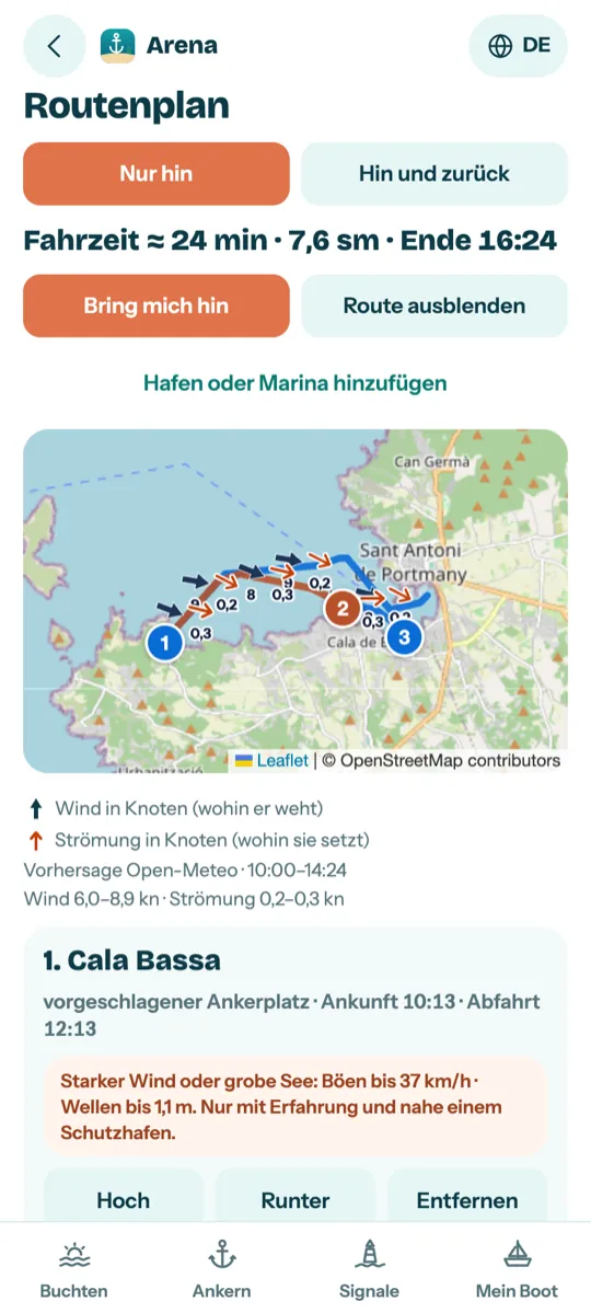 Screenshot von Arena: ein Routenplan mit drei Stopps bei Sant Antoni, mit Wind- und Strömungspfeilen entlang der Route