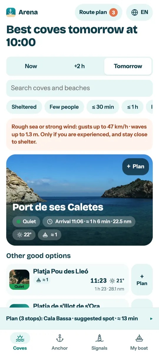 Arena screenshot: the best coves for tomorrow at 10, with the wind and sea warning and the arrival time at each