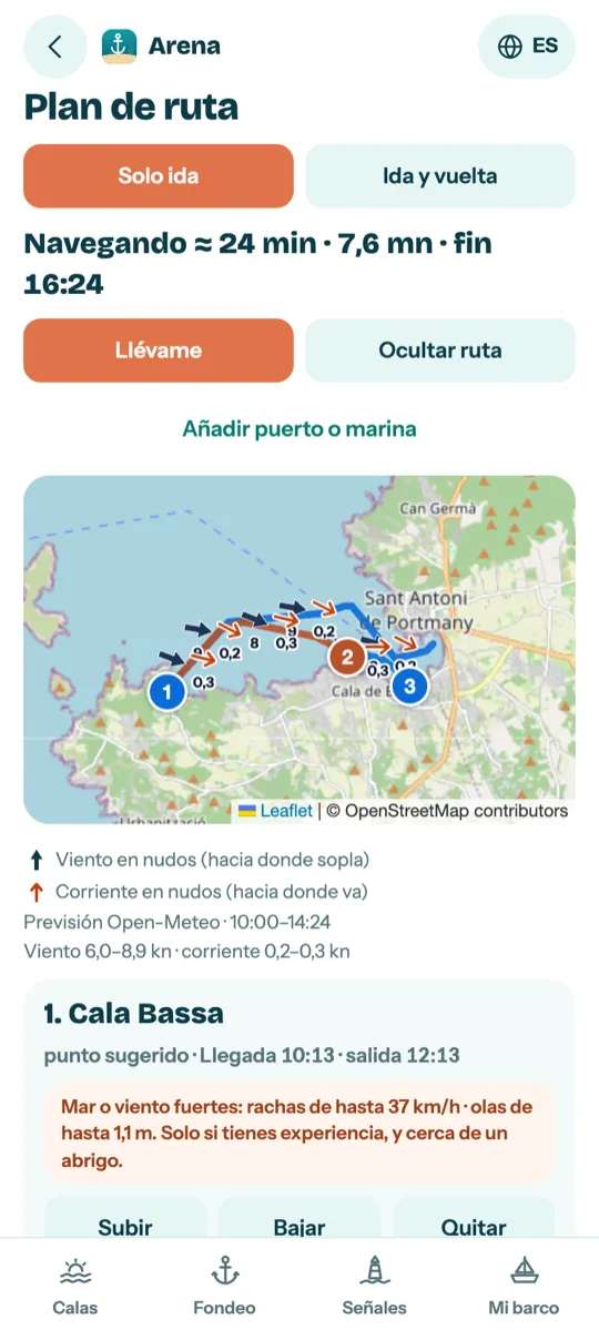 Captura de Arena: plan de ruta con tres paradas cerca de Sant Antoni, con flechas de viento y corriente sobre la ruta